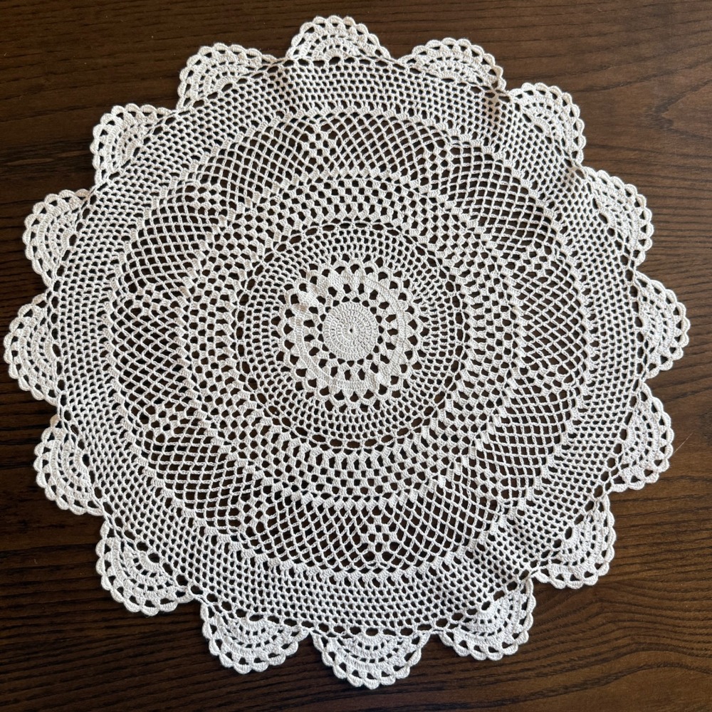 Vintage Handmade Crochet Doily Round 16in Cream Cotton Lace Scalloped Tableware